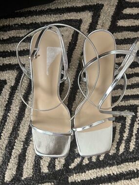 SHEIN Silver Strappy Square-Toe Heels